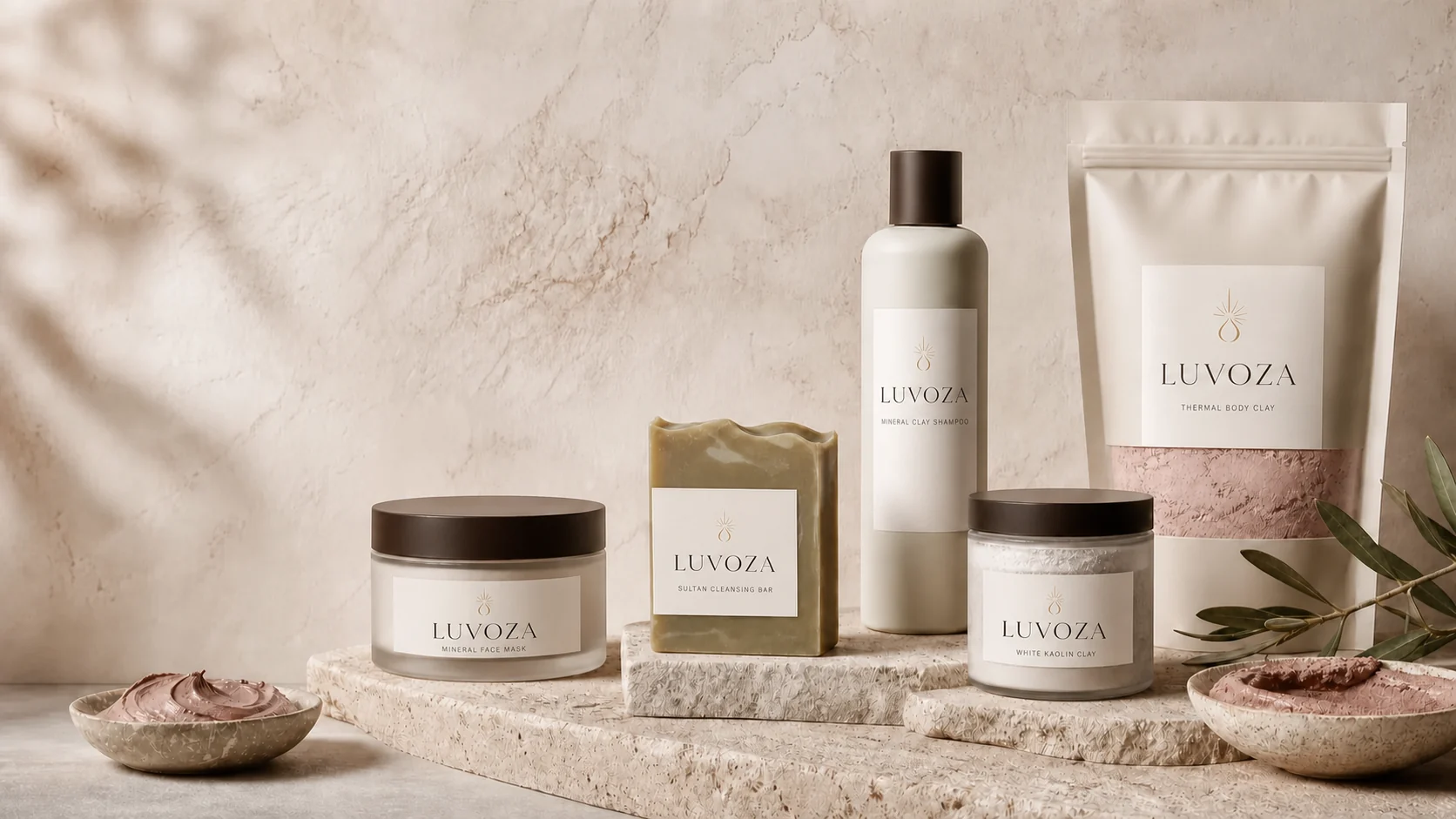 Five branded Luvoza mineral beauty products arranged on warm limestone